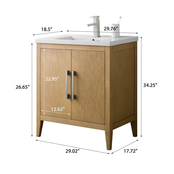 Vanity Art 30 W x 19 D x 34-in H Brown Single Sink Bathroom Vanity w/ White Ceramic Top and Brushed Nickel Handle
