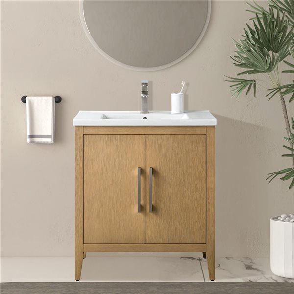Vanity Art 30 W x 19 D x 34-in H Brown Single Sink Bathroom Vanity w/ White Ceramic Top and Brushed Nickel Handle