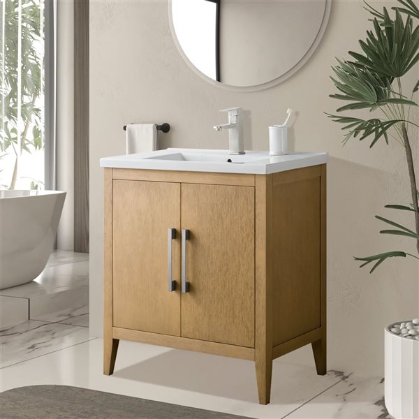 Vanity Art 30 W x 19 D x 34-in H Brown Single Sink Bathroom Vanity w/ White Ceramic Top and Brushed Nickel Handle