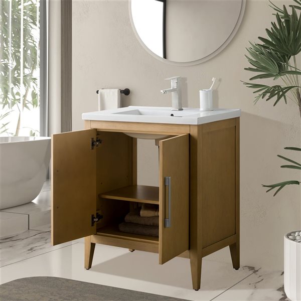 Vanity Art 30 W x 19 D x 34-in H Brown Single Sink Bathroom Vanity w/ White Ceramic Top and Brushed Nickel Handle