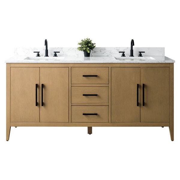 72 W X 22 D X 34-In H Brown Double Sink Bathroom Vanity W/ White Engineered Marble And Matte Black Handle, White/Black/Red