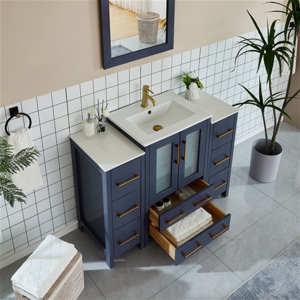 Vanity Art 48 W x 18 D x 36-in H Navy Single Sink Bathroom Vanity w/ White Ceramic Top and Mirror