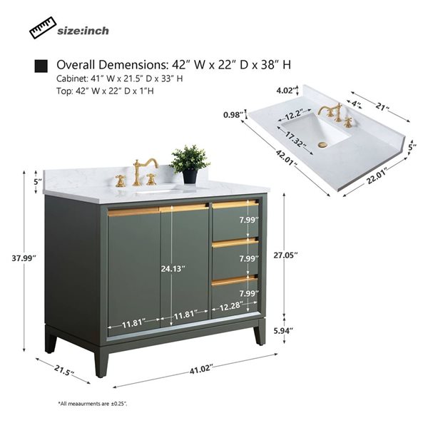 Vanity Art 42 W x 22 D x 34-in H Green Single Sink Bathroom Vanity w/ White Engineered Marble Top