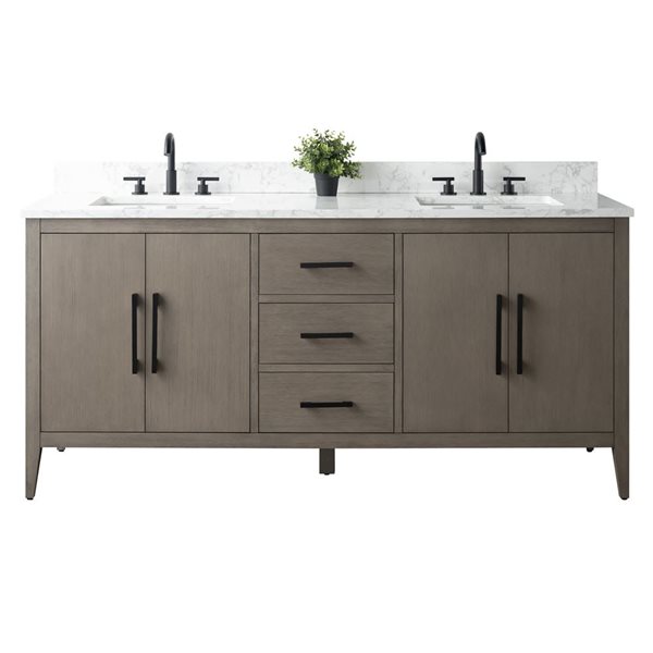 72 W X 22 D X 34-In H Grey Wood Double Sink Bathroom Vanity W/ Engineered Marble And Matte Black Handle, Black/Grey/Red