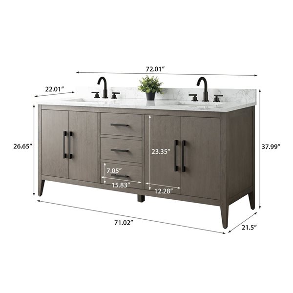 Vanity Art 72 W x 22 D x 34-in H Grey Wood Double Sink Bathroom Vanity w/ Engineered Marble and Matte Black Handle