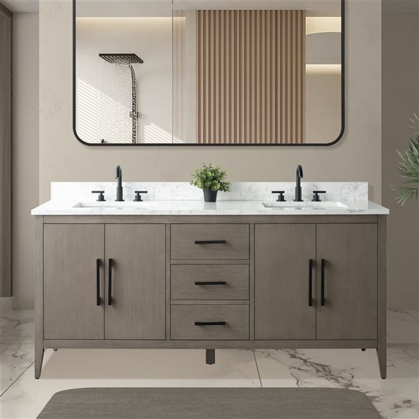 Vanity Art 72 W x 22 D x 34-in H Grey Wood Double Sink Bathroom Vanity w/ Engineered Marble and Matte Black Handle