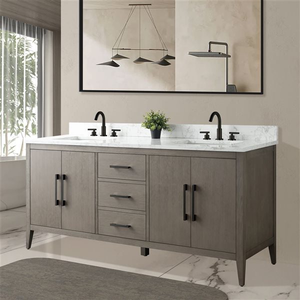 Vanity Art 72 W x 22 D x 34-in H Grey Wood Double Sink Bathroom Vanity w/ Engineered Marble and Matte Black Handle