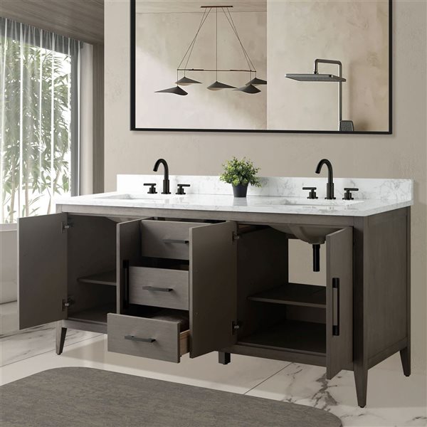 Vanity Art 72 W x 22 D x 34-in H Grey Wood Double Sink Bathroom Vanity w/ Engineered Marble and Matte Black Handle