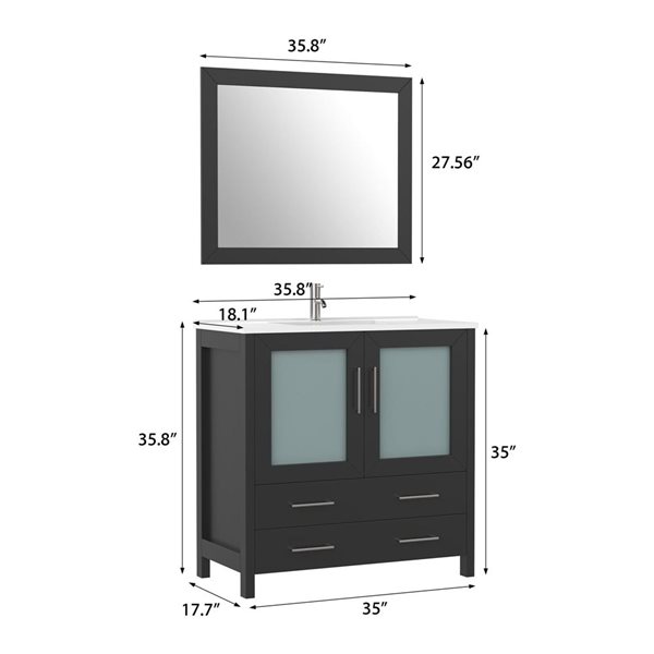 Vanity Art 36 W x 18 D x 36-in H Black Single Sink Bathroom Vanity w/ White Ceramic Top and Mirror
