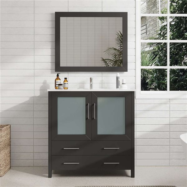 Vanity Art 36 W x 18 D x 36-in H Black Single Sink Bathroom Vanity w/ White Ceramic Top and Mirror