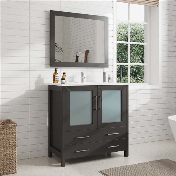 Vanity Art 36 W x 18 D x 36-in H Black Single Sink Bathroom Vanity w/ White Ceramic Top and Mirror