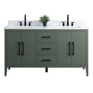 Meuble-lavabo double Vanity Art 60 l. x 22 p. x 34 po h. vert avec dessus en marbre synthétique et poignée noir mat