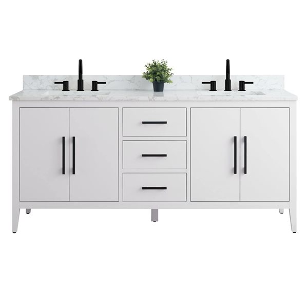 72 W X 22 D X 34-In H White Double Sink Bathroom Vanity W/ White Engineered Marble And Matte Black Handle, White/Black/Red