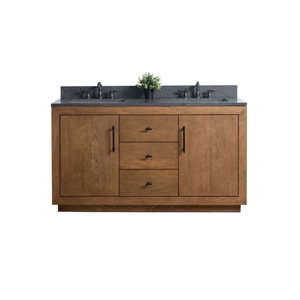 Meuble-lavabo double Vanity Art 60 l. x 22 p. x 34 po h. brun avec dessus en pierre calcaire noire