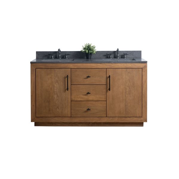60 W X 22 D X 34-In H Brown Double Sink Bathroom Vanity W/ Black Limestone Top, Brown/Black/Lime