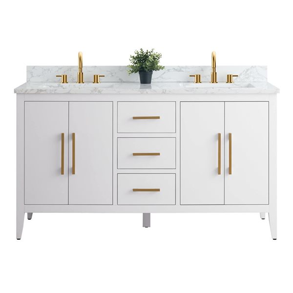Vanity Art 60 W x 22 D x 34-in H White Double Sink Bathroom Vanity w/ Engineered Marble Top and Golden Brushed Handle