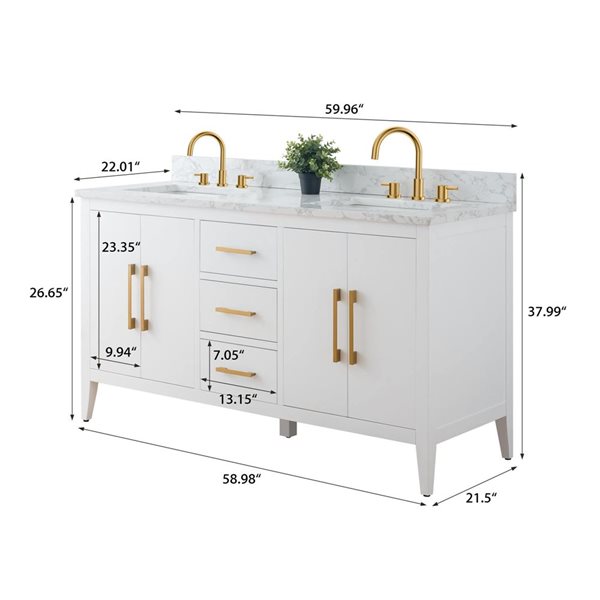 Vanity Art 60 W x 22 D x 34-in H White Double Sink Bathroom Vanity w/ Engineered Marble Top and Golden Brushed Handle