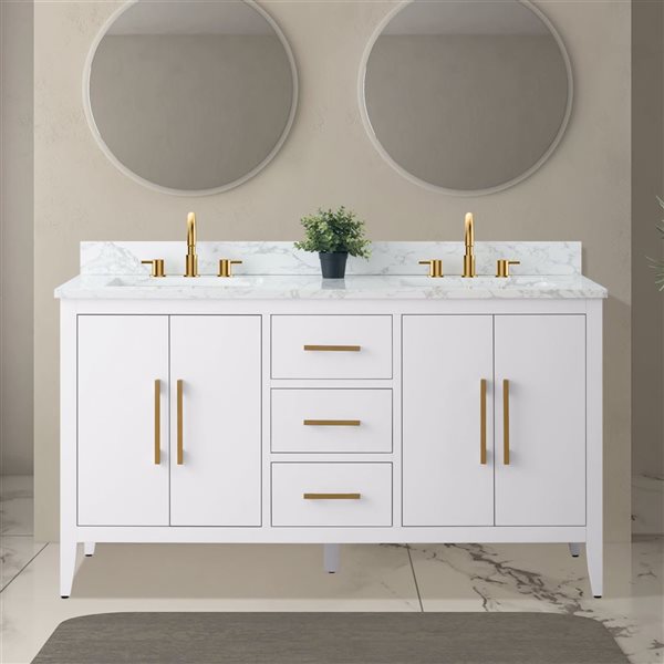 Vanity Art 60 W x 22 D x 34-in H White Double Sink Bathroom Vanity w/ Engineered Marble Top and Golden Brushed Handle