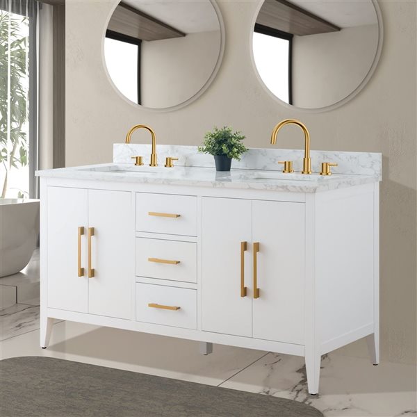 Vanity Art 60 W x 22 D x 34-in H White Double Sink Bathroom Vanity w/ Engineered Marble Top and Golden Brushed Handle