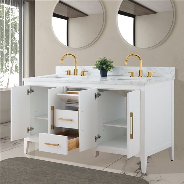 Vanity Art 60 W x 22 D x 34-in H White Double Sink Bathroom Vanity w/ Engineered Marble Top and Golden Brushed Handle