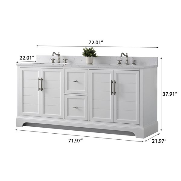 Vanity Art 72 W x 22 D x 34-in H White Double Sink Bathroom Vanity w/ White Engineered Marble