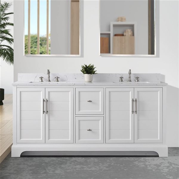Vanity Art 72 W x 22 D x 34-in H White Double Sink Bathroom Vanity w/ White Engineered Marble