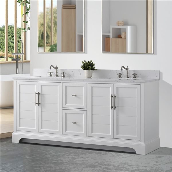 Vanity Art 72 W x 22 D x 34-in H White Double Sink Bathroom Vanity w/ White Engineered Marble
