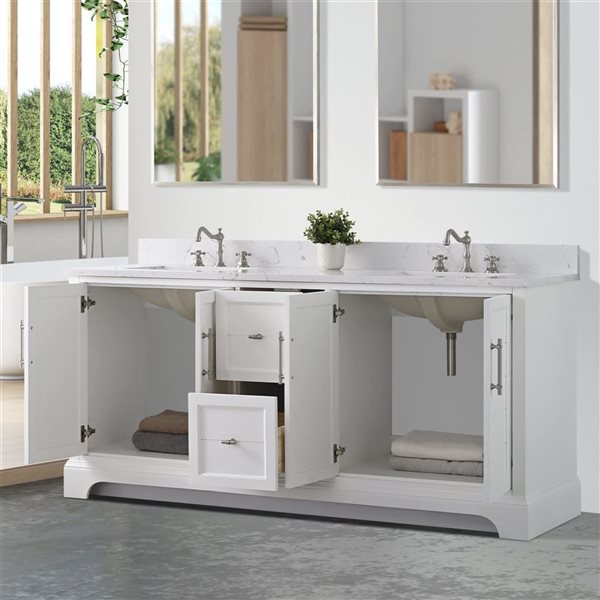 Vanity Art 72 W x 22 D x 34-in H White Double Sink Bathroom Vanity w/ White Engineered Marble