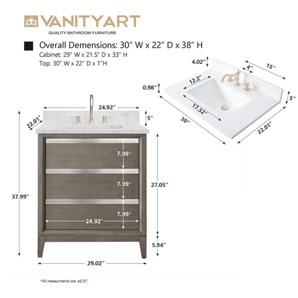 Vanity Art 30-in W Single Sink Bathroom Vanity w/ Engineered Marble Top - Dark Grey