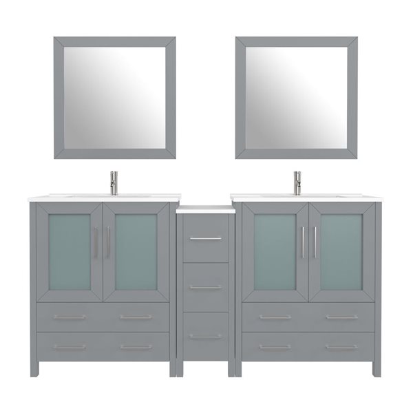 72 W X 18 D X 36-In H Double Bathroom Vanity W/ Sinks/ Ceramic Top And Mirrors - Grey