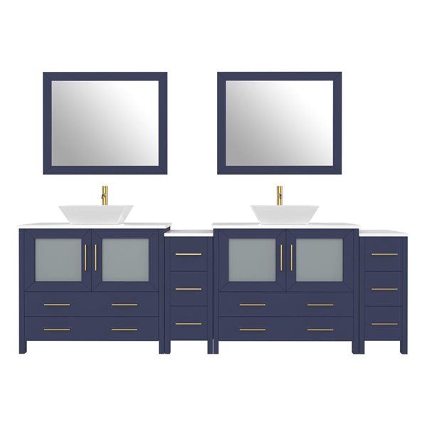Vanity Art 96 W x 18 D x 36-in H Big Navy Double Sink Bathroom Vanity w/ White Engineered Marble and Mirrors