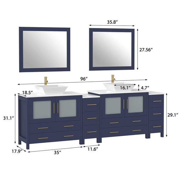 Vanity Art 96 W x 18 D x 36-in H Big Navy Double Sink Bathroom Vanity w/ White Engineered Marble and Mirrors