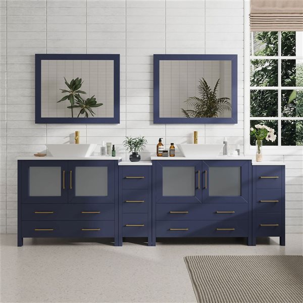 Vanity Art 96 W x 18 D x 36-in H Big Navy Double Sink Bathroom Vanity w/ White Engineered Marble and Mirrors