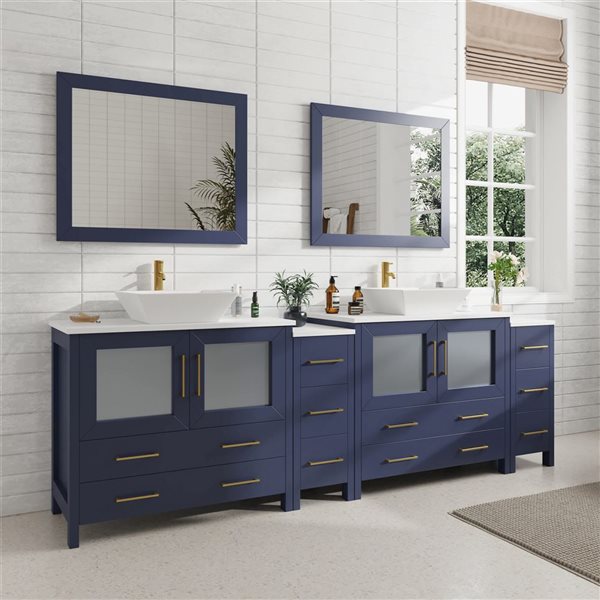 Vanity Art 96 W x 18 D x 36-in H Big Navy Double Sink Bathroom Vanity w/ White Engineered Marble and Mirrors