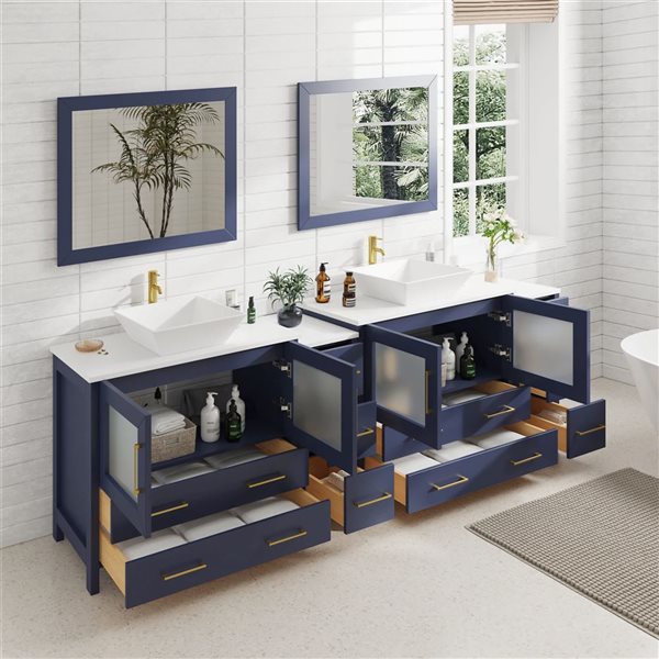 Vanity Art 96 W x 18 D x 36-in H Big Navy Double Sink Bathroom Vanity w/ White Engineered Marble and Mirrors
