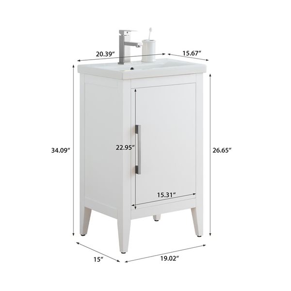 Vanity Art 20-in W Single Sink Bathroom Vanity w/ Ceramic Top and Brushed Nickel Handle - White