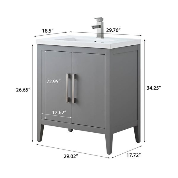 Vanity Art 30-in W Single Sink Bathroom Vanity w/ Ceramic Top and Brushed Nickel Handle - Grey