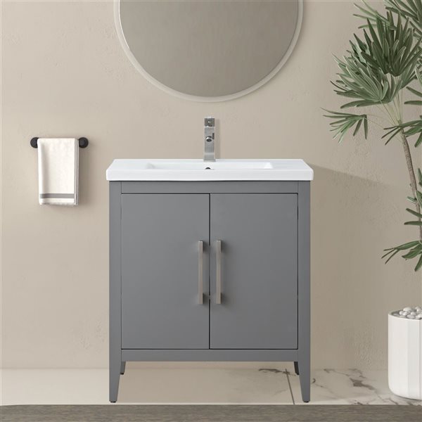 Vanity Art 30-in W Single Sink Bathroom Vanity w/ Ceramic Top and Brushed Nickel Handle - Grey