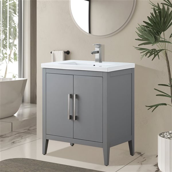 Vanity Art 30-in W Single Sink Bathroom Vanity w/ Ceramic Top and Brushed Nickel Handle - Grey