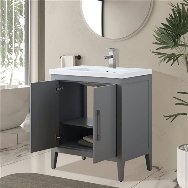 Vanity Art 30-in W Single Sink Bathroom Vanity w/ Ceramic Top and Brushed Nickel Handle - Grey