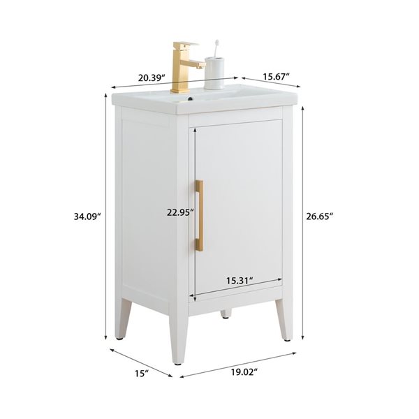 Vanity Art 20-in W Single Sink Bathroom Vanity w/ Ceramic Top and Brushed Gold Handle - White