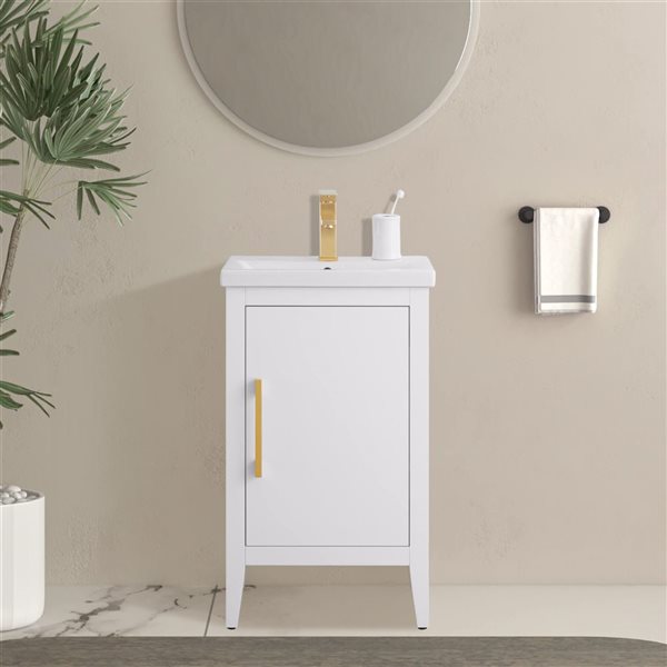 Vanity Art 20-in W Single Sink Bathroom Vanity w/ Ceramic Top and Brushed Gold Handle - White