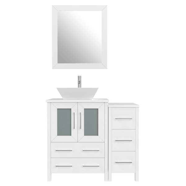 36-In W Single Bathroom Vanity W/ Vessel Sink/ Engineered Marble Top And Mirror - White, White/Red