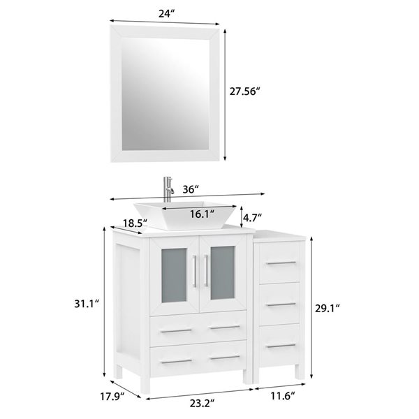 Vanity Art 36-in W Single Bathroom Vanity w/ Vessel Sink/ Engineered Marble Top and Mirror - White