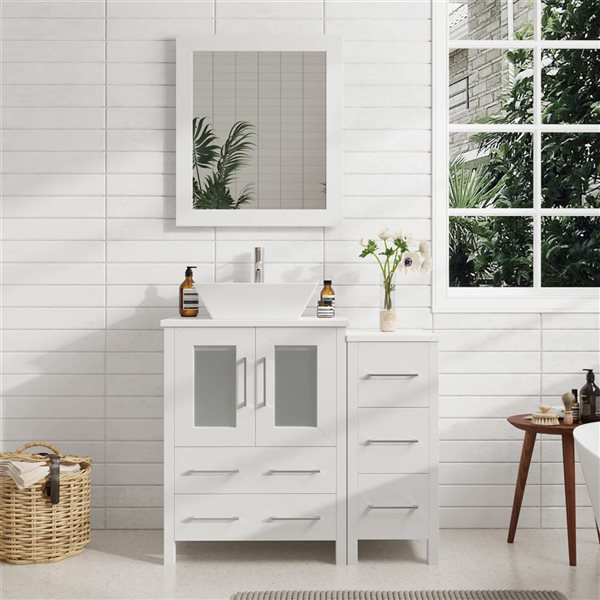Vanity Art 36-in W Single Bathroom Vanity w/ Vessel Sink/ Engineered Marble Top and Mirror - White