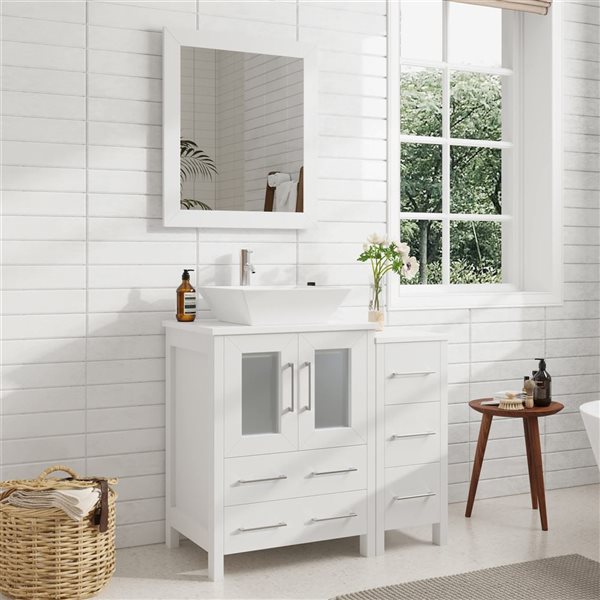 Vanity Art 36-in W Single Bathroom Vanity w/ Vessel Sink/ Engineered Marble Top and Mirror - White
