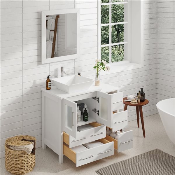 Vanity Art 36-in W Single Bathroom Vanity w/ Vessel Sink/ Engineered Marble Top and Mirror - White
