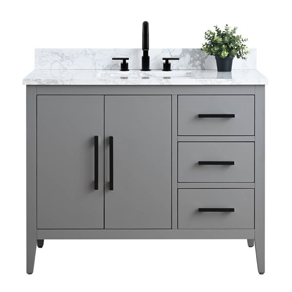 42-In W Single Sink Bathroom Vanity W/ Engineered Marble Top And Matte Black Handle - Grey, Black/Grey/Red