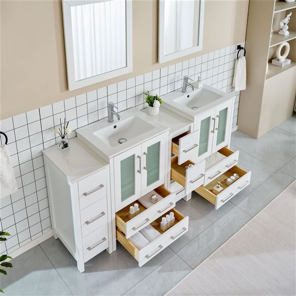 Vanity Art 72 W x 18 D x 36-in H Double Bathroom Vanity w/ Sinks/ Ceramic Top and Mirrors - White