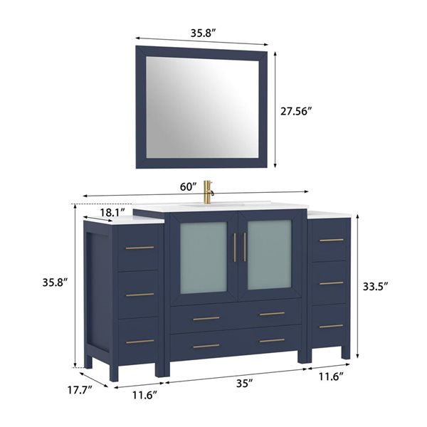 Vanity Art 60 W x 18 D x 36-in H Single Bathroom Vanity w/ Sink/ Ceramic Top and Mirror - Blue